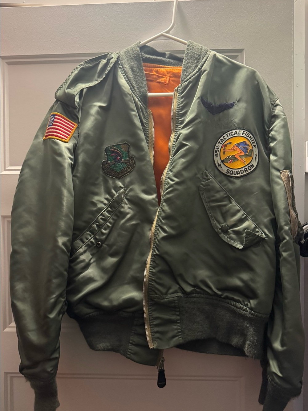 Unk Olive Green Bomber Jacket with Orange Lining and Squadron Patches